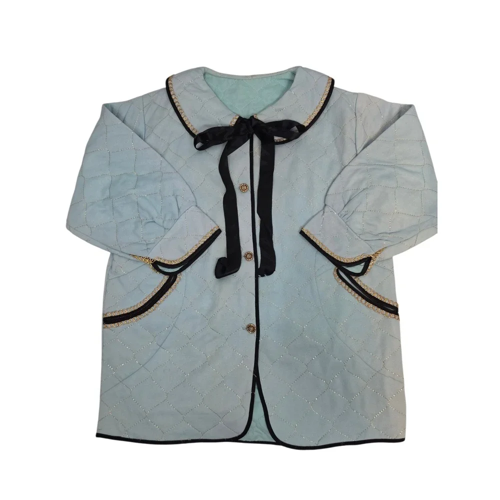 Vintage Light Blue Quilted Coat Kids Gold Trim Ribbon Bow Peter Pan Collar